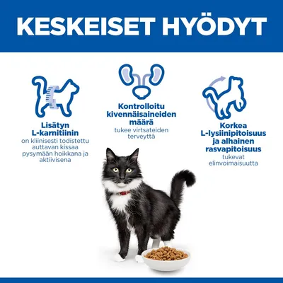 Tärkeimmät edut: L-karnitiini tukee hoikkia, aktiivisia kissoja; hallitut kivennäisaineet edistävät virtsateiden terveyttä; korkea lysiini- ja matala rasvapitoisuus tukevat elinvoimaisuutta.