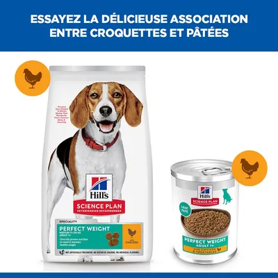 Hill's Science Plan Perfect Weight croquettes et nourriture humide pour chiens, au poulet. Images du produit et emballage visibles. Hill's Science Plan Perfect Weight croquettes et nourriture humide pour chiens, au poulet. Images du produit et emballage visibles.