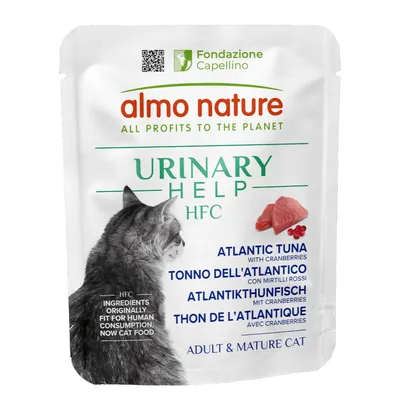 Almo Nature Urinary Help HFC, Atlantische tonijn met cranberries, voor volwassen en oudere katten. Ingrediënten oorspronkelijk geschikt voor menselijke consumptie, nu kattenvoer.