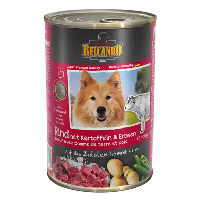 Belcando Dog Food, boeuf avec pomme de terre et pois, 400 g. Avec graines de chia. Texte en allemand et français sur l’emballage. Image d’un chien, morceaux de viande, pommes de terre, pois.