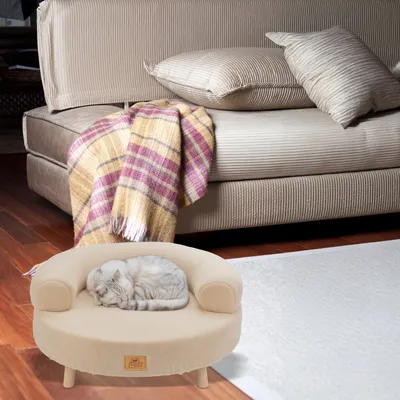 Kleines beige Katzenbett in Sofaform mit Holzfüssen, darauf eine schlafende Katze. Im Hintergrund ein beiges Sofa mit Kissen und einer karierten Decke.