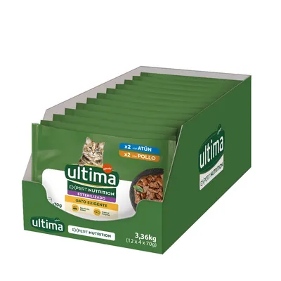 Ultima Expert Nutrition Sterilizado dla wymagających kotów, 3,36 kg (12x70 g), warianty: 2x tuńczyk, 2x kurczak. Certyfikowana wysoka akceptacja i kontrolowany poziom pH.
