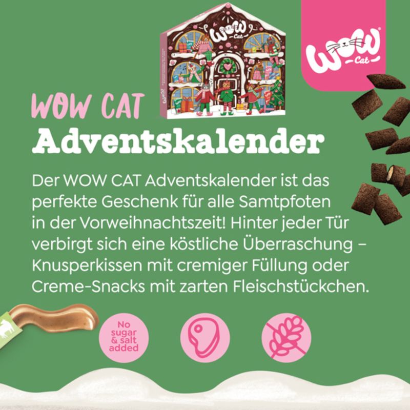 WOW CAT Adventskalender mit Knusperkissen und Creme-Snacks. Perfektes Geschenk für Samtpfoten in der Vorweihnachtszeit. Ohne Zucker und Salz, zarte Fleischstücke, hochwertige Zutaten.