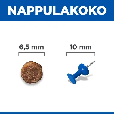 Vertailu nappulakoon suhteen: nappulat, joiden halkaisija on 6,5 mm, neulanpään vieressä, jonka halkaisija on 10 mm. Vertailu nappulakoon suhteen: nappulat, joiden halkaisija on 6,5 mm, neulanpään vieressä, jonka halkaisija on 10 mm.
