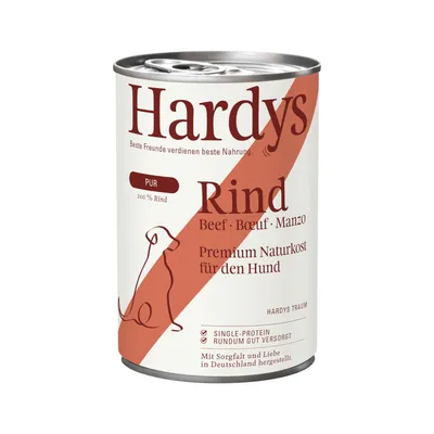 Hardys Rind Pur, 100 % nötkött. Premium naturlig hundmat. Enkelproteinkälla, komplett näring. Tillverkad med omsorg i Tyskland.