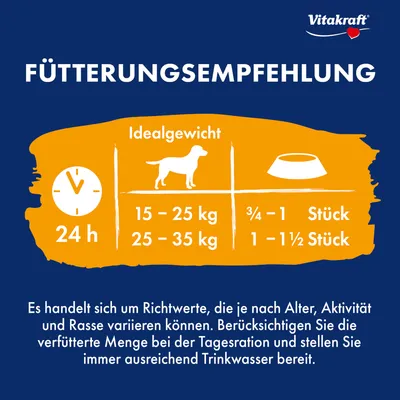 Fütterungsempfehlung: Idealgewicht 15-25kg, ¾-1 Stück; 25-35kg, 1-1½ Stück. Richtwerte je nach Alter, Aktivität und Rasse. Ausreichend Trinkwasser bereitstellen.