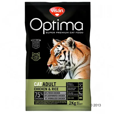 Visán Optima Super Premium Cat Food, CAT ADULT Chicken & Rice, 75% chicken (40% vers, 30% gedehydreerd, 5% gehydrolyseerd), 2 kg, Omega 3 & 6, huid- en vachtbescherming zichtbaar.