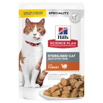Hill's Science Plan Sterilised Cat adult fino a 6 anni con tacchino, bocconcini in salsa. Specialità anche per gattini sterilizzati >6 mesi. Immagine di crocchette sul fronte.