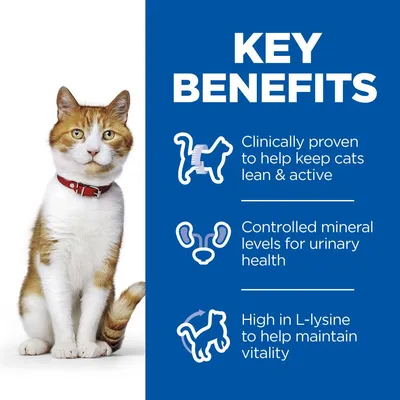 Tekst na engleskom: Key benefits. Clinically proven to help keep cats lean & active. Controlled mineral levels for urinary health. High in L-lysine to help maintain vitality.