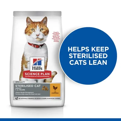 Sterilised cat food for adults aged 1-6 years with chicken. Formula helps keep sterilised cats lean. No artificial preservatives, colours or flavours.