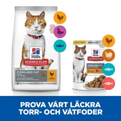 Hill's Science Plan Sterilised Cat Adult torrfoder och våtfoder med kyckling. Text: Prova vårt läckra torr- och våtfoder. Ikoner för kyckling, anka, fisk, kalkon.