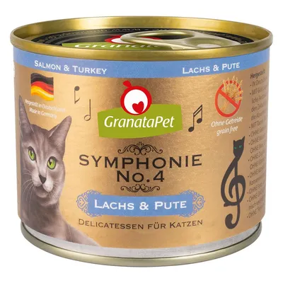 GranataPet Symphonie No.4 Lachs & Pute, Delicatessen für Katzen, senza cereali, prodotto in Germania, immagine di un gatto grigio e simboli musicali sulla confezione