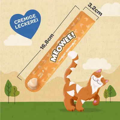 Meowee! Savoury Spoonables, cremige Leckerei. Masse: 16,8 cm x 3,2 cm. Illustration einer glücklichen Katze neben dem Produkt.