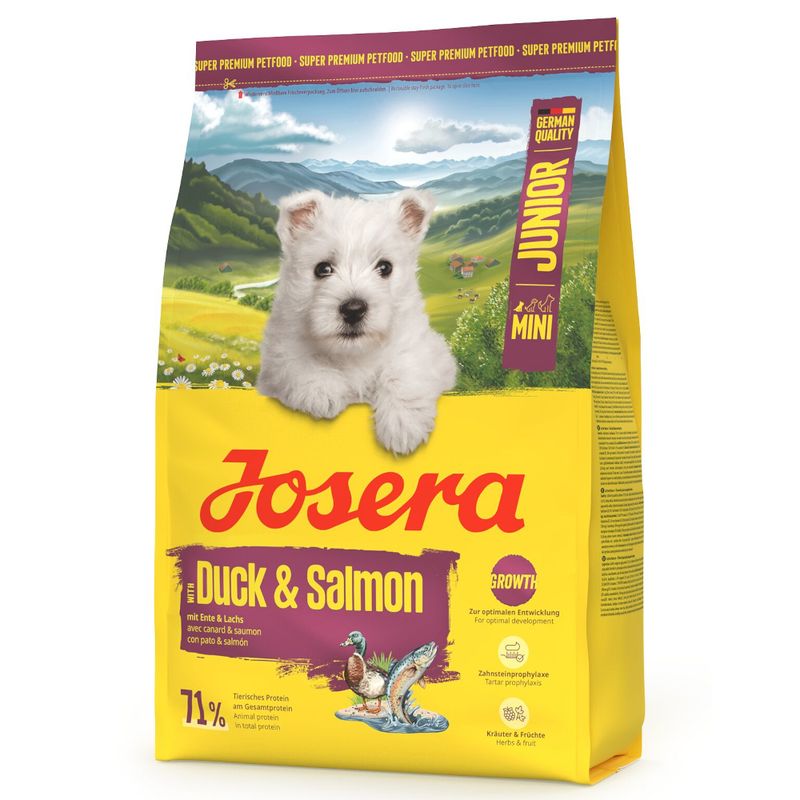 Josera Duck & Salmon Junior Mini, Super Premium Petfood mit Ente und Lachs, 71% tierisches Protein, Zahnpflege, Kräuter & Früchte, German Quality.