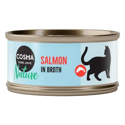 Cosma Pure Love Nature, lohta liemessä. Kissasiluetti ja lohisymboli vaaleansinisessä purkissa.