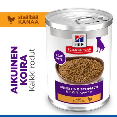 Hill's Science Plan Sensitive Stomach & Skin Adult 1+ kanaa, Loaf Paté. Sisältää kanaa. Kaikkien rotujen aikuisille koirille.