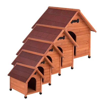 Houten hondenhok met rood dak, vier maten in oplopende volgorde, botdecoraties aan de voorkant.