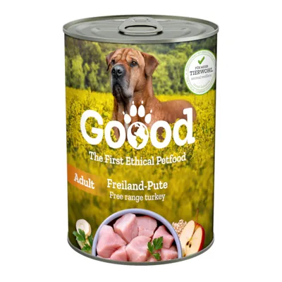 Goood Adult Freiland-Pute, The First Ethical Petfood. Für mehr Tierwohl. Dose mit Putenstücken, Apfel und Kräutern abgebildet.