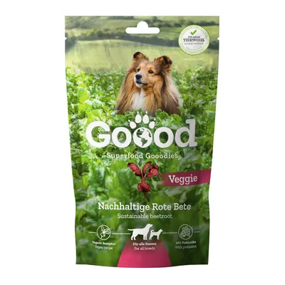 Goood Superfood Goodies Veggie mit nachhaltiger Roter Bete. Vegane Rezeptur, für alle Rassen, mit Präbiotika. Für mehr Tierwohl, hergestellt in Deutschland.