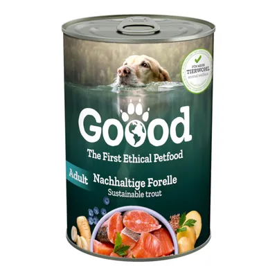 Goood Adult Nassfutter mit nachhaltiger Forelle, Zutaten wie Forellenstücke, Gemüse und Beeren sichtbar. Siegel: Für mehr Tierwohl.