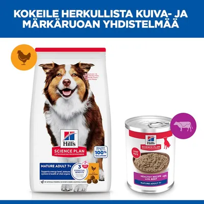 Hill's Science Plan Mature Adult 7+ kuivaruoka kanalla ja märkäruoka naudalla ikääntyville koirille. Yhdistä kuivaruoka ja märkäruoka. Hill's Science Plan Mature Adult 7+ kuivaruoka kanalla ja märkäruoka naudalla ikääntyville koirille. Yhdistä kuivaruoka ja märkäruoka.