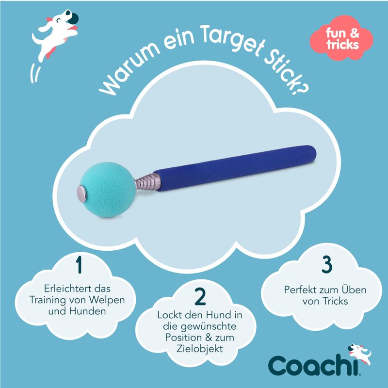 Warum ein Target Stick? Erleichtert das Training von Welpen und Hunden, lockt den Hund in die gewünschte Position & zum Zielobjekt, perfekt zum Üben von Tricks. Coachi.