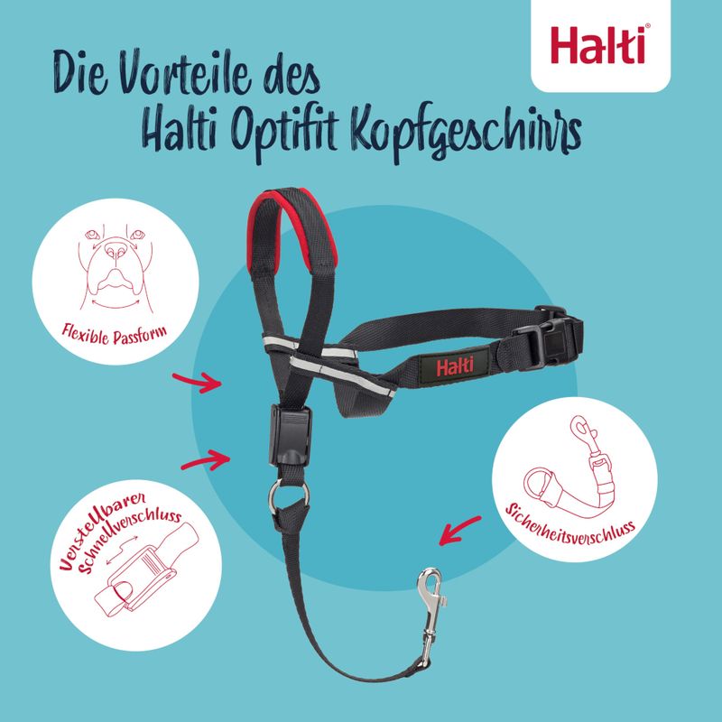 Halti Optifit Kopfgeschirr mit flexibler Passform, verstellbarem Schnellverschluss und Sicherheitsverschluss. Vorteile des Geschirrs hervorgehoben.