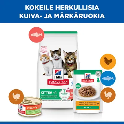Hill's Science Plan Kitten <1 Kuiva- ja märkäruoka, lajikkeet kanaa, kalkkunaa ja kalaa kuvattuna. Alle 1-vuotiaille kissanpennuille. Hill's Science Plan Kitten <1 Kuiva- ja märkäruoka, lajikkeet kanaa, kalkkunaa ja kalaa kuvattuna. Alle 1-vuotiaille kissanpennuille.