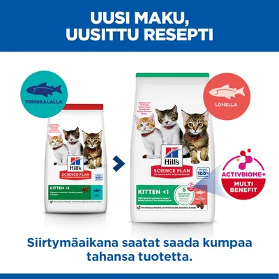 Hill's Science Plan Kitten <1 kissanruoka: uusi resepti lohella, aiemmin tonnikalalla. Huomautus ActivBiome+ Multi Benefit -ominaisuudesta ja mahdollisesta molempien vaihtoehtojen toimituksesta. Hill's Science Plan Kitten <1 kissanruoka: uusi resepti lohella, aiemmin tonnikalalla. Huomautus ActivBiome+ Multi Benefit -ominaisuudesta ja mahdollisesta molempien vaihtoehtojen toimituksesta.