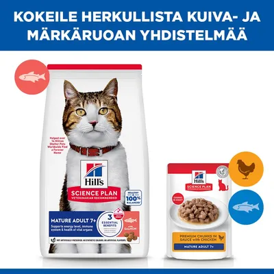 Hill's Science Plan Mature Adult 7+ kuivaruoka lohella ja märkäruoka Chunks in Gravy kanalla, ikääntyville kissoille. 3 olennaista hyötyä, 100 % tasapainoinen. Hill's Science Plan Mature Adult 7+ kuivaruoka lohella ja märkäruoka Chunks in Gravy kanalla, ikääntyville kissoille. 3 olennaista hyötyä, 100 % tasapainoinen.