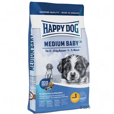 Saco de pienso Happy Dog Medium Baby 28 para razas de 11–25 kg, 1.º a 5.º mes. Texto visible: 'SUPREME QUALITY • MADE IN GERMANY', 'HAPPY DOG LIFE PLUS CONCEPT'.