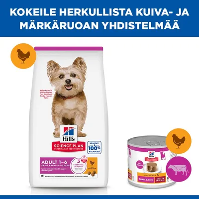 Hill's Science Plan Adult 1-6 Small & Mini, enintään 10 kg, kuivaruoka ja märkäruoka kanalla, kuvassa tölkki ja pussi, näkyvissä kanan ja naudan symbolit. Hill's Science Plan Adult 1-6 Small & Mini, enintään 10 kg, kuivaruoka ja märkäruoka kanalla, kuvassa tölkki ja pussi, näkyvissä kanan ja naudan symbolit.