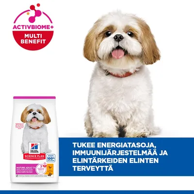 Hill's Science Plan Mature Adult 7+ ActivBiome+ Multi Benefit. Tukee energiatasoa, immuunijärjestelmää ja elintärkeiden elinten terveyttä. Hill's Science Plan Mature Adult 7+ ActivBiome+ Multi Benefit. Tukee energiatasoa, immuunijärjestelmää ja elintärkeiden elinten terveyttä.
