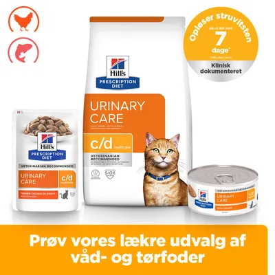 Hill's Prescription Diet Urinary Care c/d Multicare, tør- og vådfoder til katte, klinisk dokumenteret: opløser struvitsten på 7 dage. Med kylling og fisk.