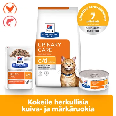 Hill's Prescription Diet Urinary Care c/d Multicare kuivaruoka ja märkäruoka, kanan ja kalan kanssa. Kliinisesti testattu, valmistajan mukaan liuottaa struviittikiteitä jopa 7 päivässä. Hill's Prescription Diet Urinary Care c/d Multicare kuivaruoka ja märkäruoka, kanan ja kalan kanssa. Kliinisesti testattu, valmistajan mukaan liuottaa struviittikiteitä jopa 7 päivässä.
