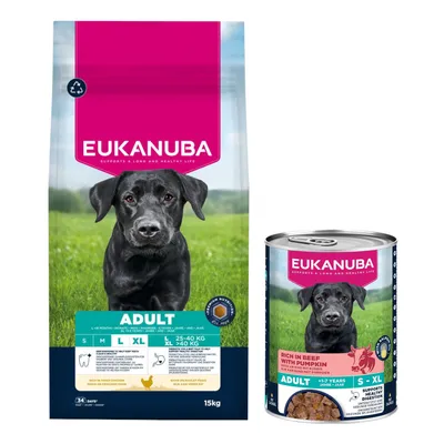 15 кг Eukanuba Premium Nutrition, сухой корм для собак + 3 x 400 г с говядиной в подарок!