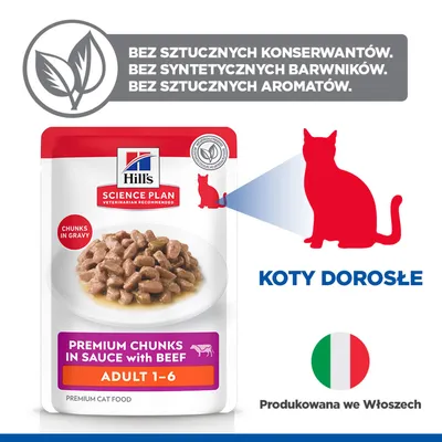Hill's Science Plan Premium kawałki w sosie z wołowiną Adult 1-6, bez sztucznych konserwantów, barwników ani aromatów. Dla dorosłych kotów. Wyprodukowane we Włoszech. Hill's Science Plan Premium kawałki w sosie z wołowiną Adult 1-6, bez sztucznych konserwantów, barwników ani aromatów. Dla dorosłych kotów. Wyprodukowane we Włoszech.
