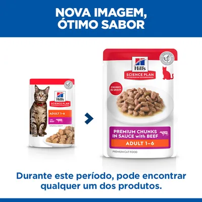 Hill's Science Plan Adult 1-6 Pedaços Premium em Molho com Carne de Vaca para Gatos, aviso sobre novo design de embalagem. Ambas as embalagens podem estar em circulação.
