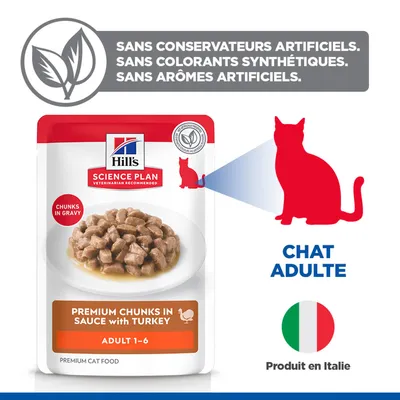 Hill's Science Plan Premium morceaux en sauce à la dinde adulte 1-6. Sans conservateurs, colorants ou arômes artificiels. Chat adulte. Produit en Italie. Hill's Science Plan Premium morceaux en sauce à la dinde adulte 1-6. Sans conservateurs, colorants ou arômes artificiels. Chat adulte. Produit en Italie.