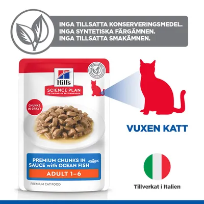 Hill's Science Plan Premiumbitar i sås med oceanfisk för vuxna katter, utan tillsatta konserveringsmedel, färgämnen eller smakämnen, tillverkad i Italien. Hill's Science Plan Premiumbitar i sås med oceanfisk för vuxna katter, utan tillsatta konserveringsmedel, färgämnen eller smakämnen, tillverkad i Italien.