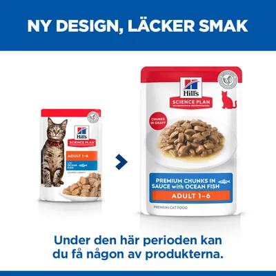 Hill's Science Plan Adult 1-6 Premiumbitar i sås med havsfisk kattmat: jämförelse mellan den gamla och nya förpackningsdesignen. Hill's Science Plan Adult 1-6 Premiumbitar i sås med havsfisk kattmat: jämförelse mellan den gamla och nya förpackningsdesignen.