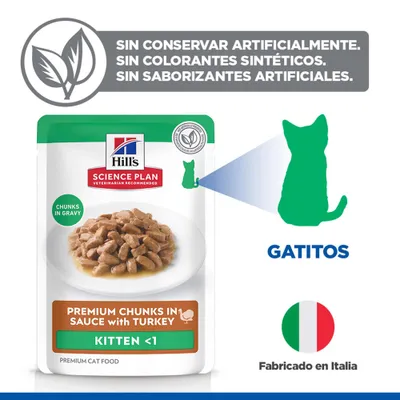 Hill's Science Plan Premium Trozos en Salsa con Pavo para Gatitos <1. Sin conservantes, colorantes ni aromas artificiales. Elaborado en Italia. Hill's Science Plan Premium Trozos en Salsa con Pavo para Gatitos <1. Sin conservantes, colorantes ni aromas artificiales. Elaborado en Italia.