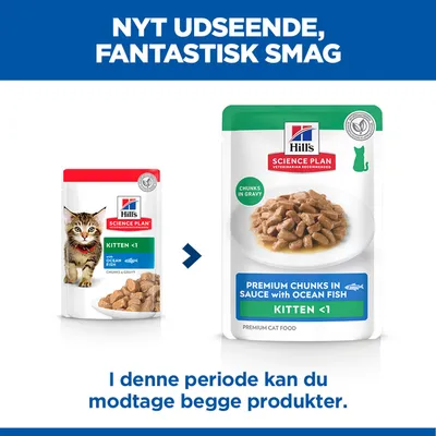 Hill's Science Plan Killing <1 med havfisk, produktpakning gammel og ny sammenlignet. I denne overgangsperiode kan begge pakninger blive leveret.