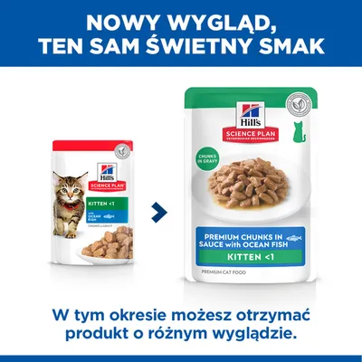 Hill's Science Plan Karma dla kotów Kitten <1 z rybą oceaniczną, porównanie starego i nowego opakowania. Uwaga: produkt może być dostarczony w różnym wzornictwie opakowania. Hill's Science Plan Karma dla kotów Kitten <1 z rybą oceaniczną, porównanie starego i nowego opakowania. Uwaga: produkt może być dostarczony w różnym wzornictwie opakowania.