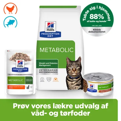 Hill's Prescription Diet Metabolic kattefoder, tør- og vådfoder, med bemærkning: 88% af katte og hunde tabte sig derhjemme. Klinisk dokumenteret.