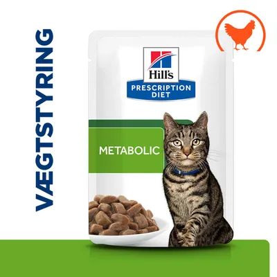 Hill's Prescription Diet Metabolic, VÆGTSTYRING, billede af en kat og en skål med foder, kyllingesymbol øverst til højre.