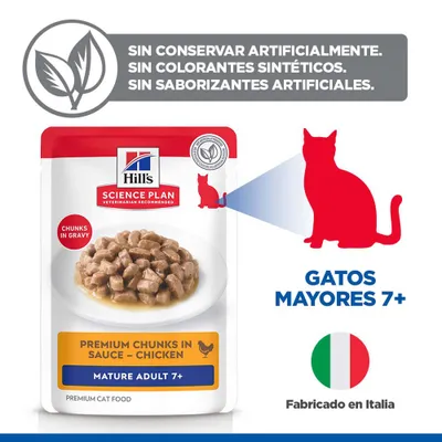 Hill's Science Plan Trozos Premium en Salsa Pollo Mature Adult 7+, sin conservantes, colorantes ni aromas artificiales. Para gatos a partir de 7 años. Fabricado en Italia. Hill's Science Plan Trozos Premium en Salsa Pollo Mature Adult 7+, sin conservantes, colorantes ni aromas artificiales. Para gatos a partir de 7 años. Fabricado en Italia.