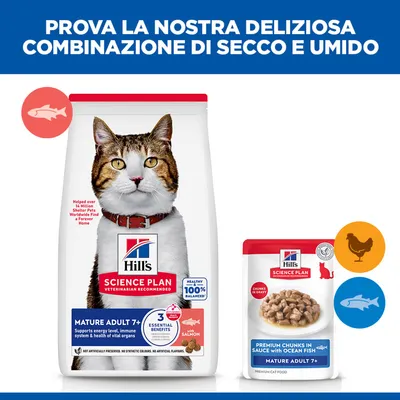 Hill's Science Plan Mature Adult 7+ crocchette con salmone e alimento umido premium Chunks in sauce con pesce oceanico, per gatti anziani. 3 vantaggi essenziali.