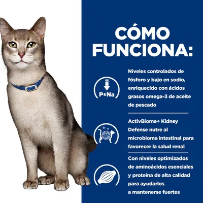 Infografía con texto: Valores controlados de fósforo y sodio, ácidos grasos omega-3 procedentes de aceite de pescado, ActivBiome+ Kidney Defense para la flora intestinal, aminoácidos optimizados y proteínas de alta calidad.
