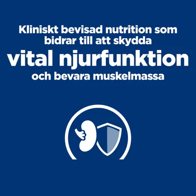 Kliniskt beprövad näring för att skydda njurarnas vitala funktion och bevara muskelmassan, symbol med njure och sköld.